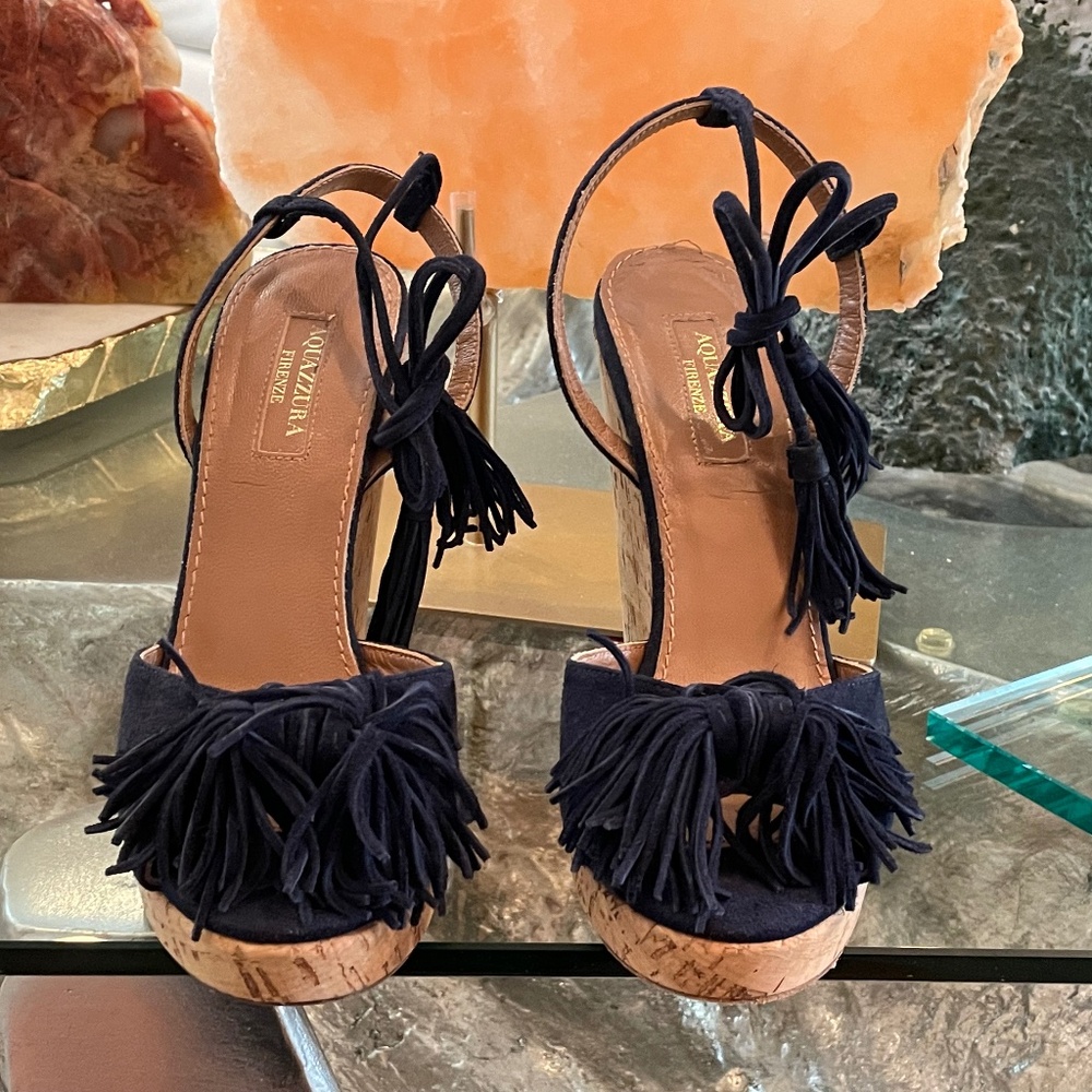Aquazzura "Wild One" Navy Suede Tassel Wedge Espadrille